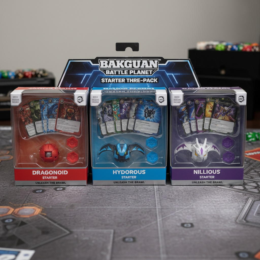 Three Bakugan Battle Planet starter packs stand side-by-side on a game mat, showcasing the Dragonoid, Hydorous, and Nillious sets.