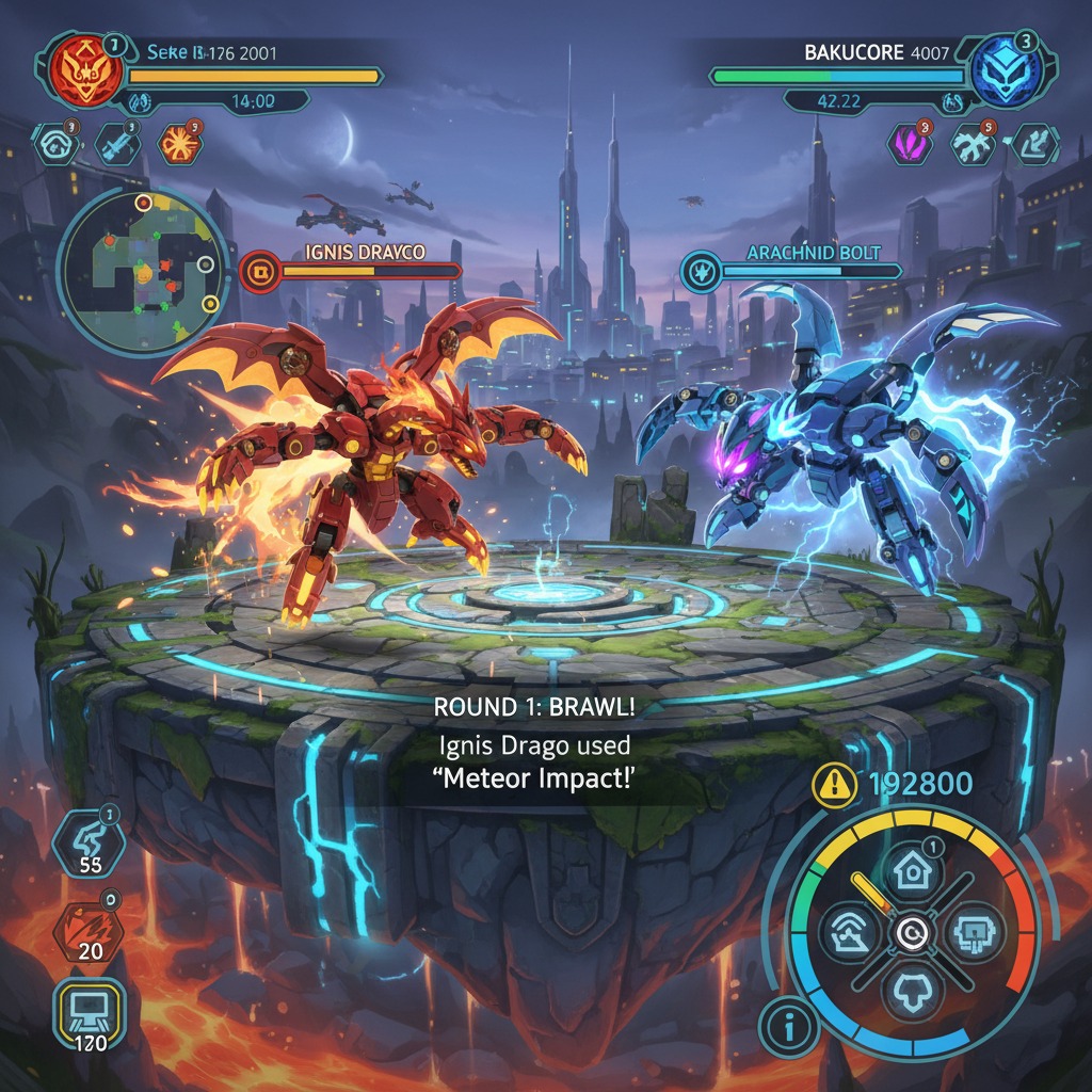 Two mechanical creatures, Ignis Drayco and Arachnid Bolt, face each other on a glowing circular platform during a video game battle.