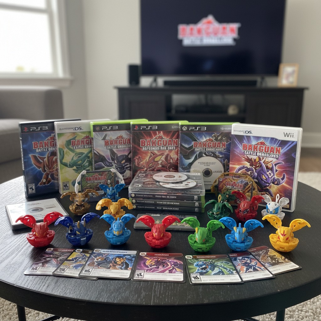 A collection of Bakugan video games, playing cards, and toy figures arranged on a dark round coffee table in a living room.