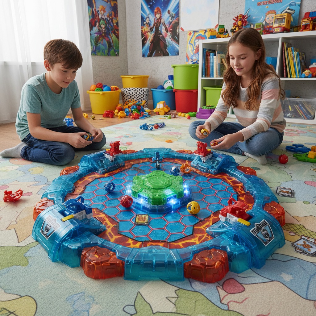 A boy and a girl sit on a playroom floor playing with a large, glowing toy arena and magnetic sphere toys.