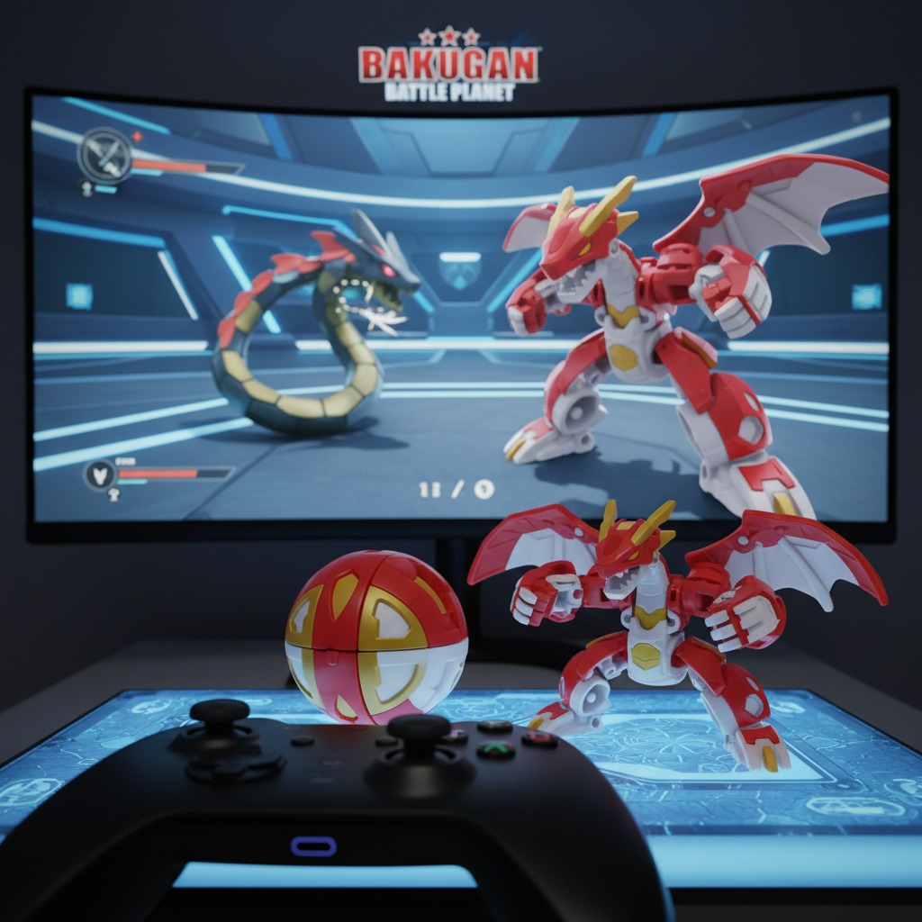 A Bakugan sphere and action figure sit in front of a gaming monitor displaying a digital battle scene.