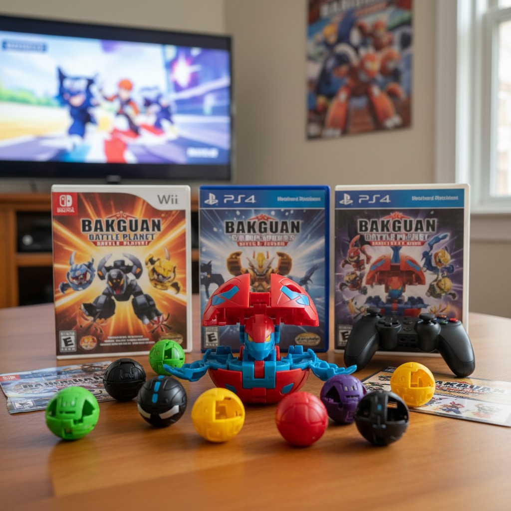 Bakugan video games, toys, and a controller rest on a wooden table in front of a television.